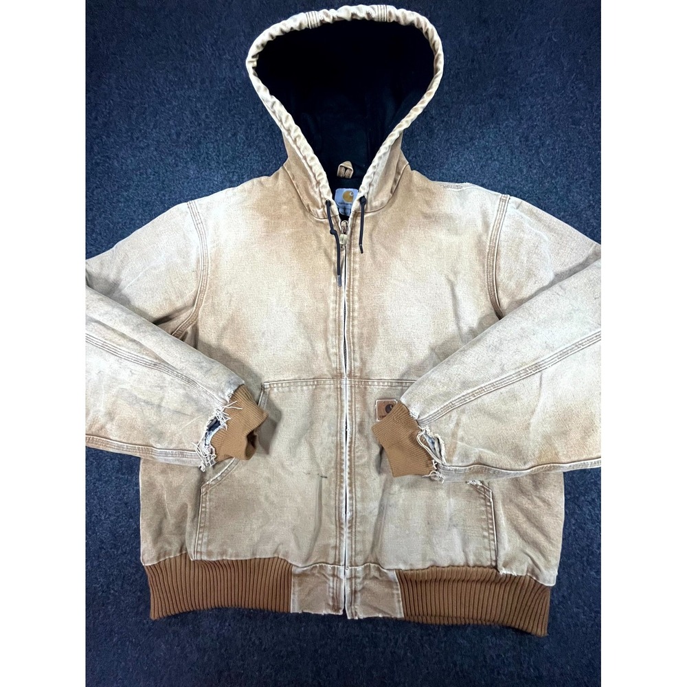 Vintage Carhartt Active Jacket Mens L Tan Distressed Workwear Hooded Full Zipper